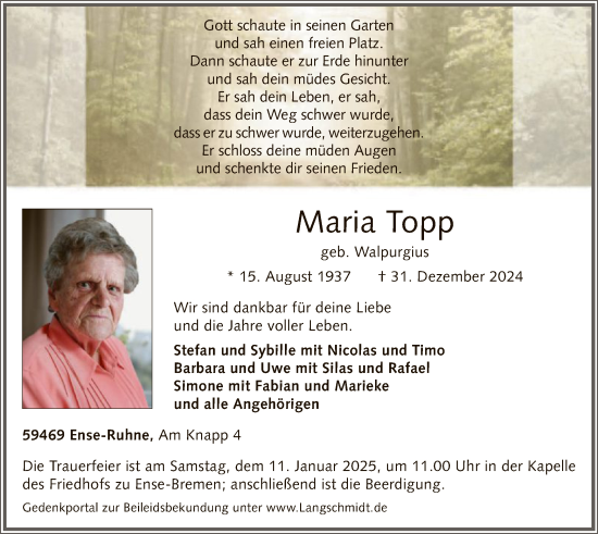 Traueranzeige von Maria Topp von WA