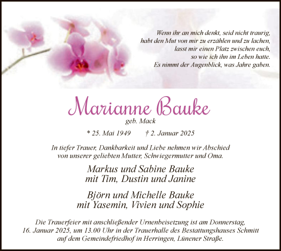 Traueranzeige von Marianne Bauke von WA
