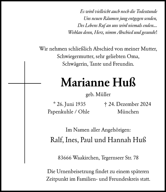 Traueranzeige von Marianne Huß von WA
