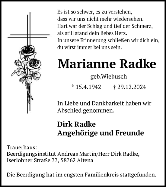 Traueranzeige von Marianne Radke von WA