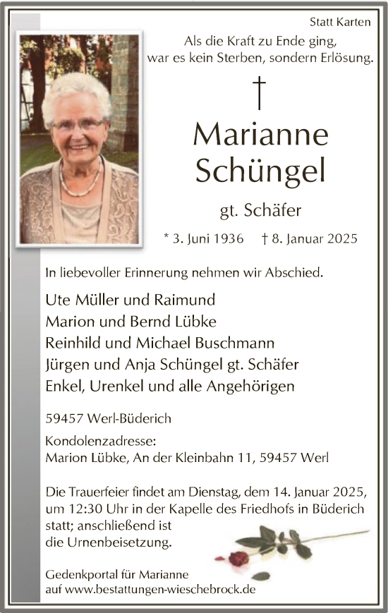 Traueranzeige von Marianne Schüngel von WA