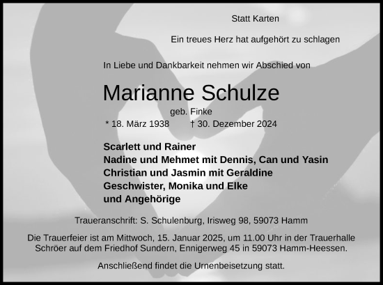 Traueranzeige von Marianne Schulze von WA
