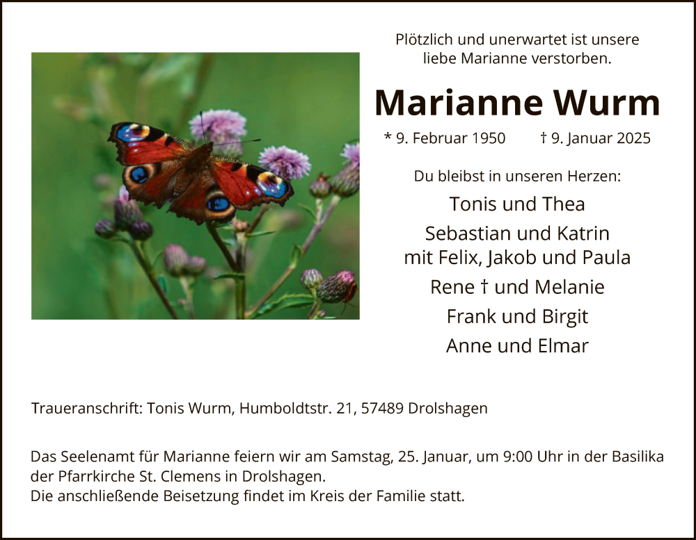 Traueranzeige für Marianne Wurm vom 18.01.2025 aus WA