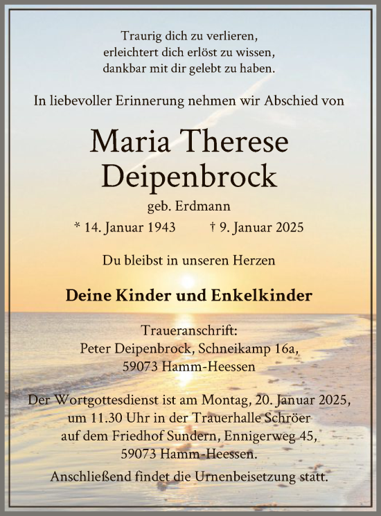 Traueranzeige von Maria Therese Deipenbrock von WA