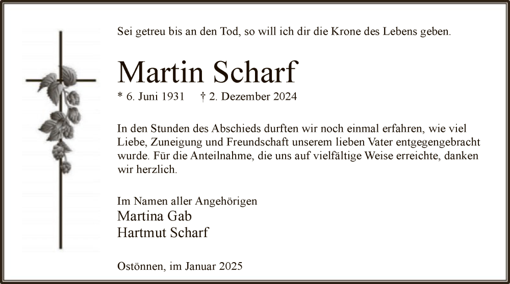  Traueranzeige für Martin Scharf vom 18.01.2025 aus WA