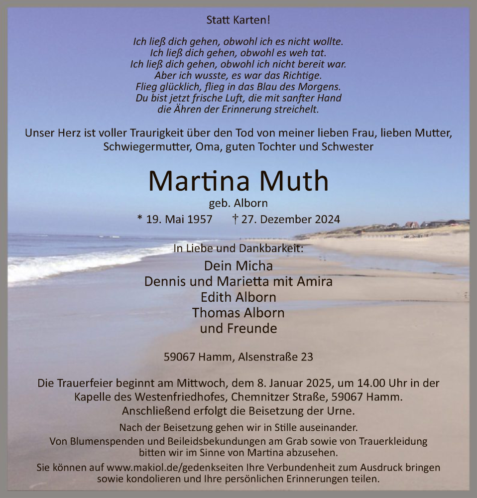  Traueranzeige für Martina Muth vom 04.01.2025 aus WA