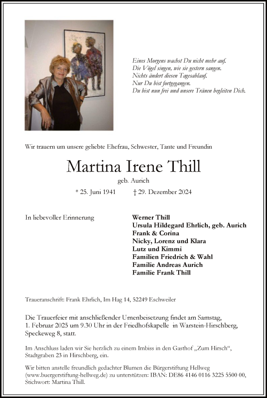 Traueranzeige von Martina Irene Thill von WA