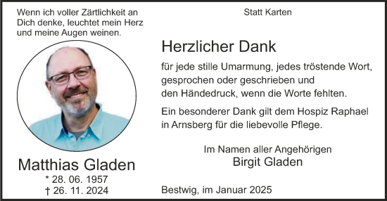 Traueranzeige von Matthias Gladen von WA