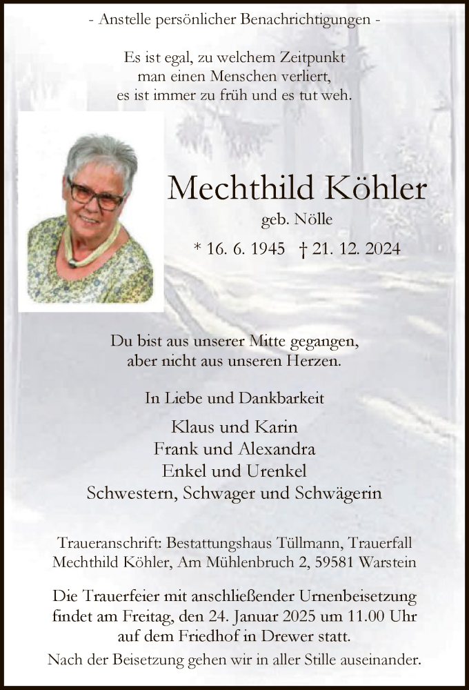  Traueranzeige für Mechthild Köhler vom 18.01.2025 aus WA