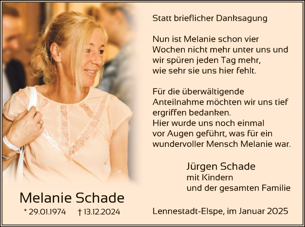  Traueranzeige für Melanie Schade vom 11.01.2025 aus WA