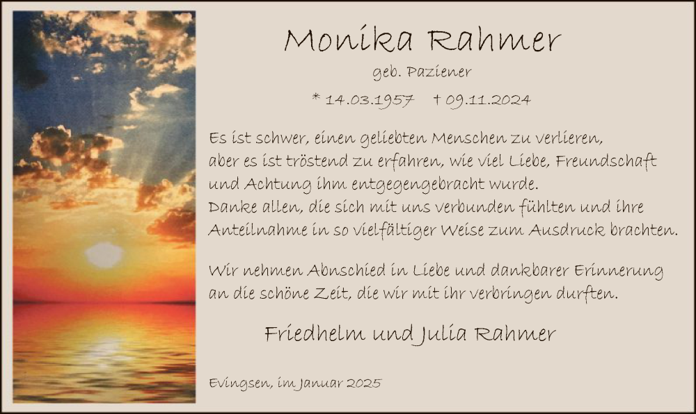  Traueranzeige für Monika Rahmer vom 18.01.2025 aus WA