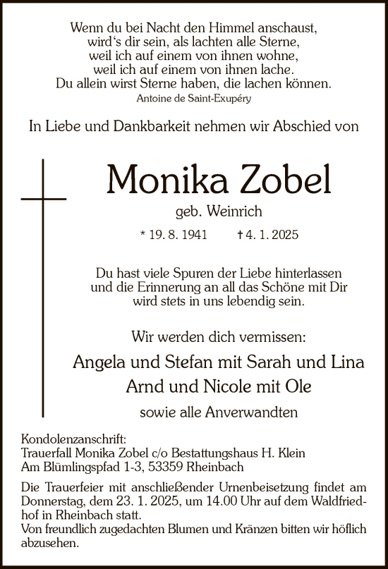 Traueranzeige von Monika Zobel von WA