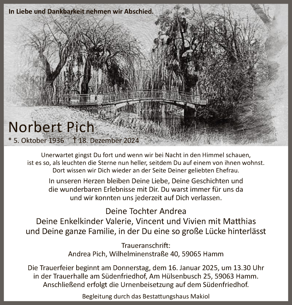  Traueranzeige für Norbert Pich vom 11.01.2025 aus WA
