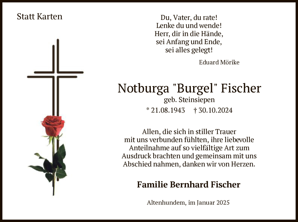  Traueranzeige für Notburga Fischer vom 11.01.2025 aus WA