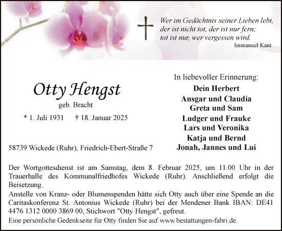 Traueranzeige von Otty Hengst von WA