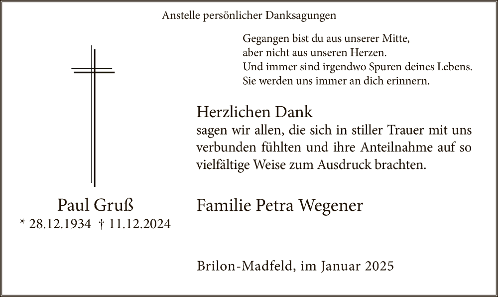  Traueranzeige für Paul Gruß vom 18.01.2025 aus WA