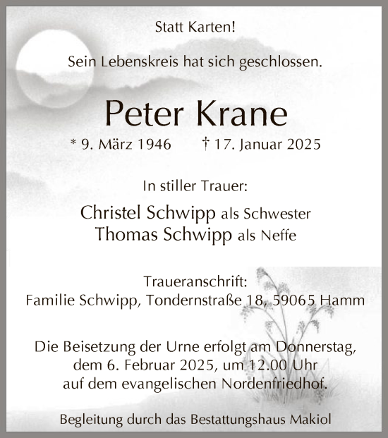 Traueranzeige von Peter Krane von WA