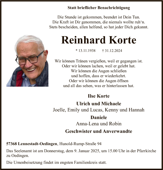Traueranzeige von Reinhard Korte von WA