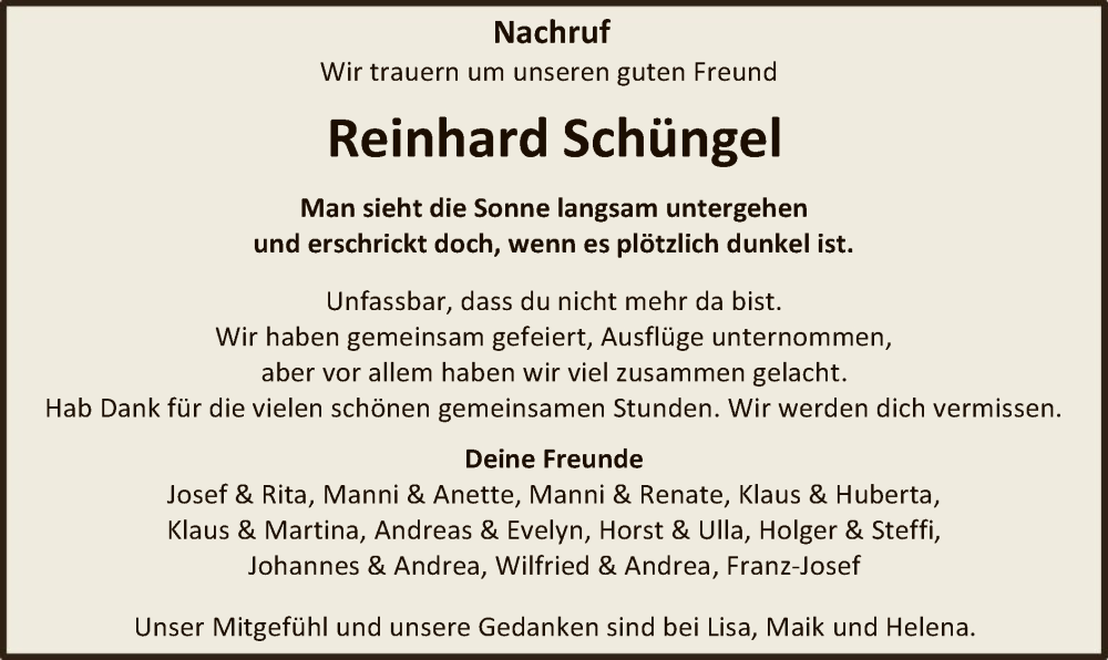  Traueranzeige für Reinhard Schüngel vom 04.01.2025 aus WA