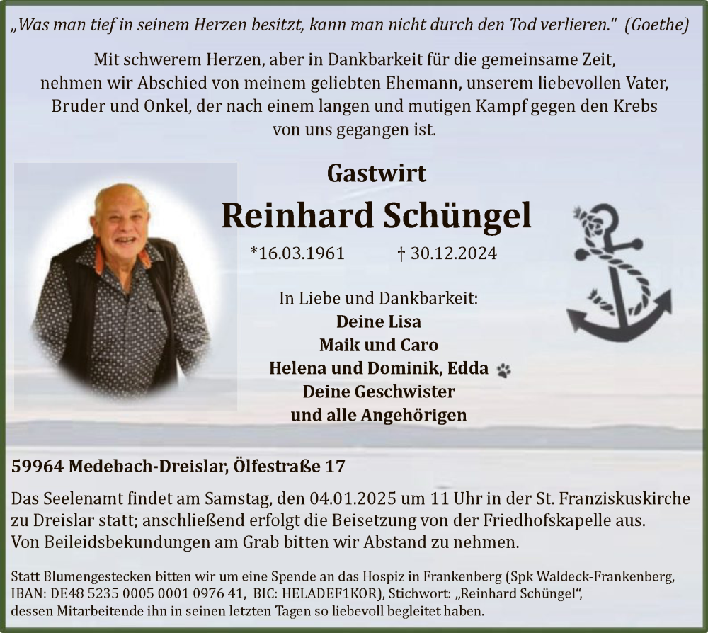 Traueranzeige für Reinhard Schüngel vom 04.01.2025 aus WA