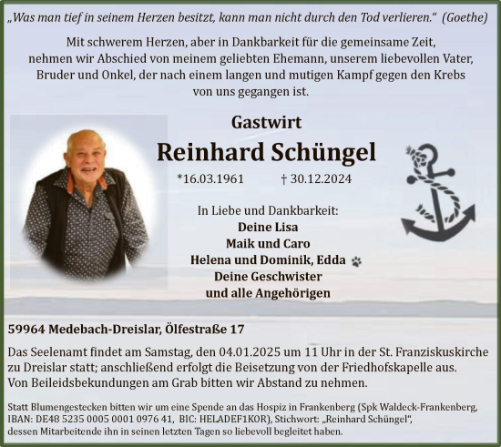 Traueranzeige von Reinhard Schüngel von WA