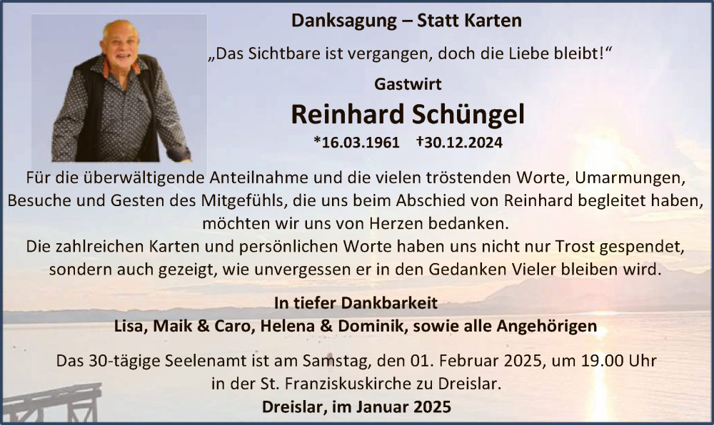  Traueranzeige für Reinhard Schüngel vom 25.01.2025 aus WA