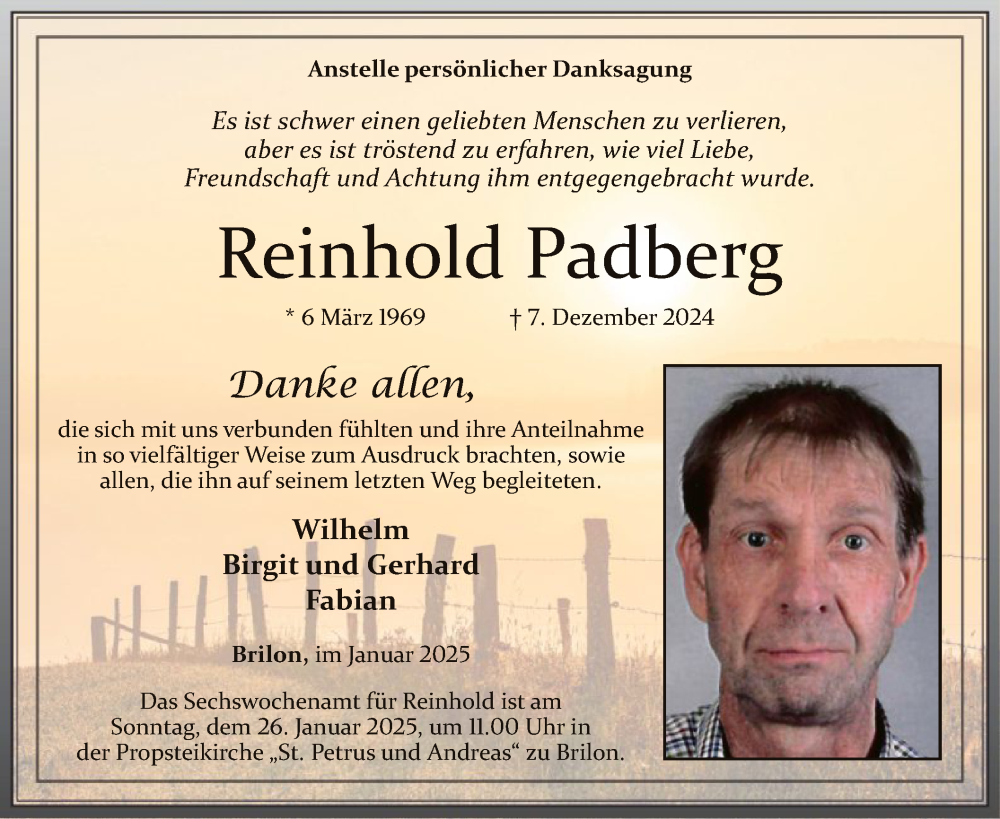  Traueranzeige für Reinhold Padberg vom 18.01.2025 aus WA