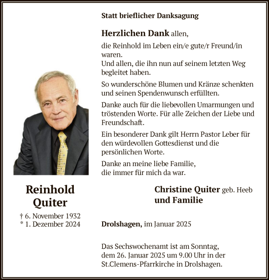 Traueranzeige von Reinhold Quiter von WA