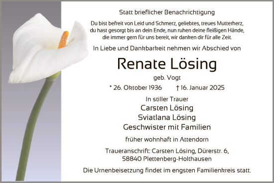 Traueranzeige von Renate Lösing von WA