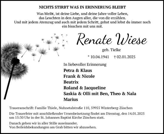 Traueranzeige von Renate Wiese von WA