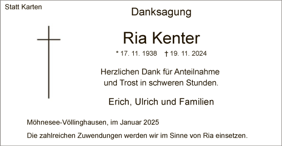 Traueranzeige von Ria Kenter von WA