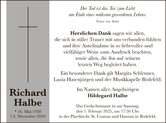 Traueranzeige von Richard Halbe von WA