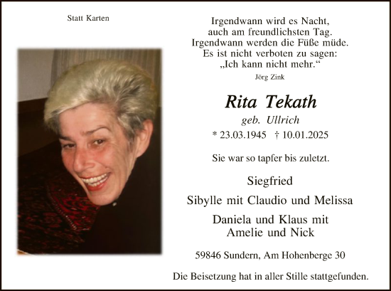 Traueranzeige von Rita Tekath von WA