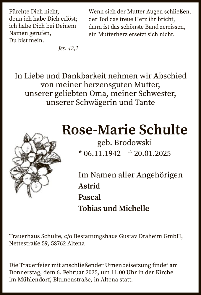  Traueranzeige für Rose-Marie Schulte vom 25.01.2025 aus WA