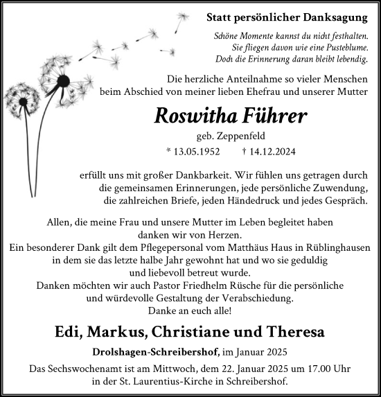 Traueranzeige von Roswitha Führer von WA