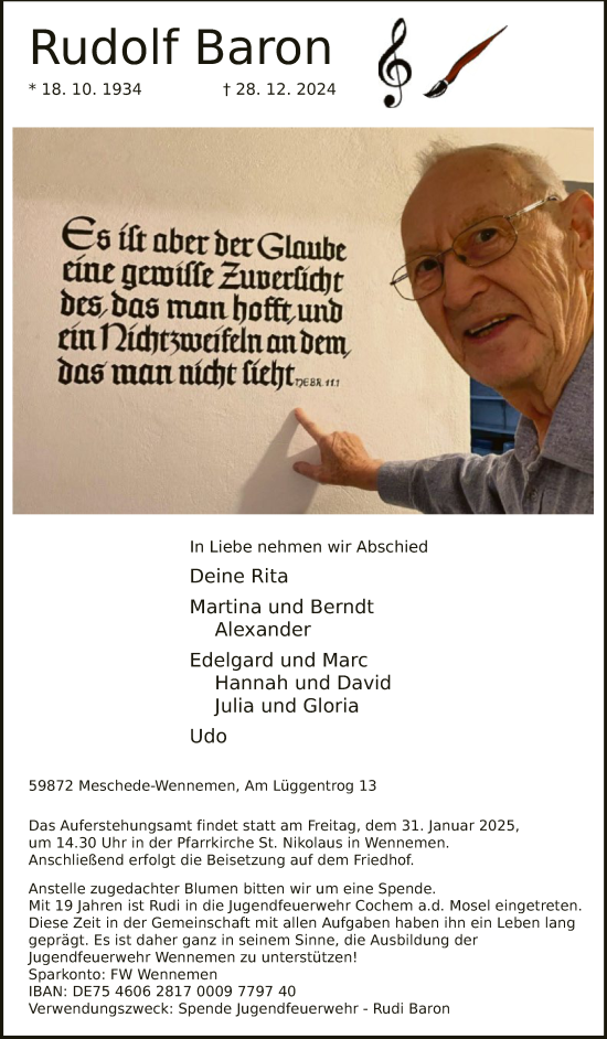 Traueranzeige von Rudolf Baron von WA