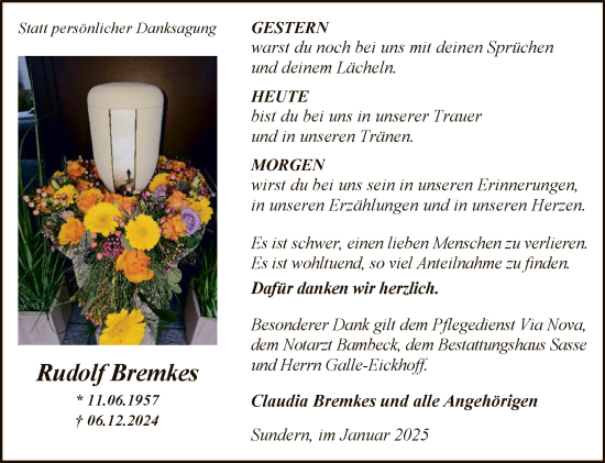 Traueranzeige von Rudolf Bremkes von WA