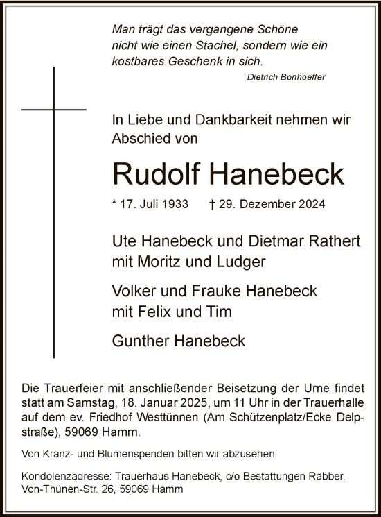 Traueranzeige von Rudolf Hanebeck von WA