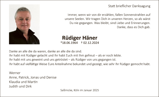 Traueranzeige von Rüdiger Häner von WA