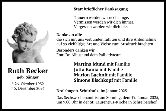 Traueranzeige von Ruth Becker von WA