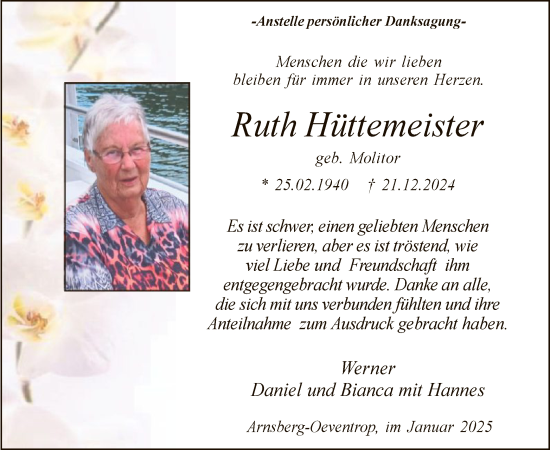 Traueranzeige von Ruth Hüttemeister von WA