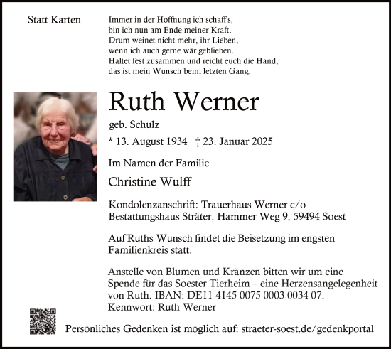 Traueranzeige von Ruth Werner von WA