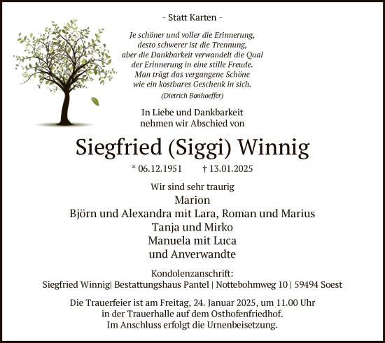 Traueranzeige von Siegfried Winnig von WA