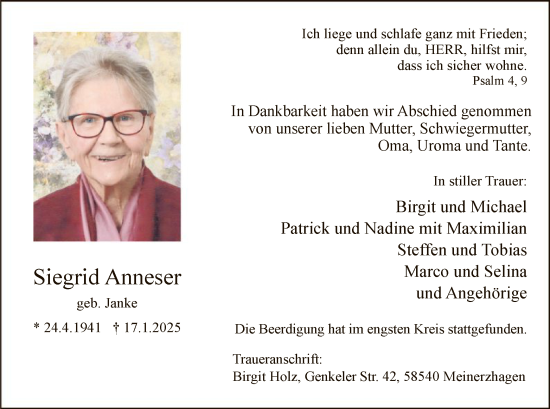 Traueranzeige von Siegrid Anneser von WA