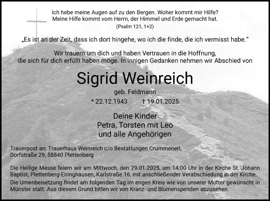 Traueranzeige von Sigrid Weinreich von WA