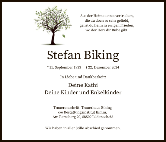 Traueranzeige von Stefan Biking von WA