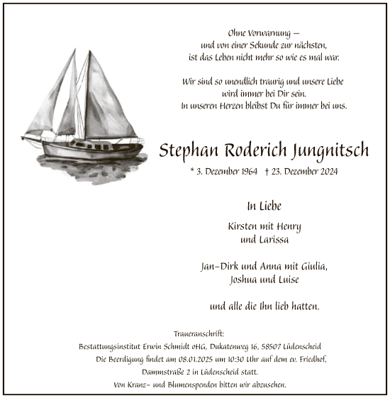 Traueranzeige von Stephan Roderich Jungnitsch von WA