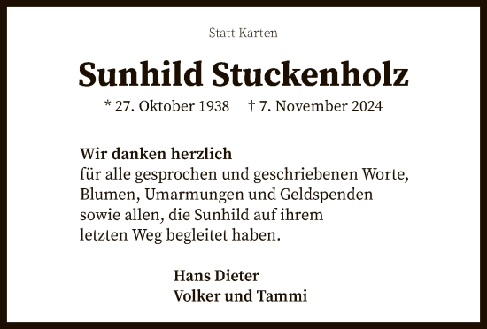 Traueranzeige von Sunhild Stuckenholz von WA