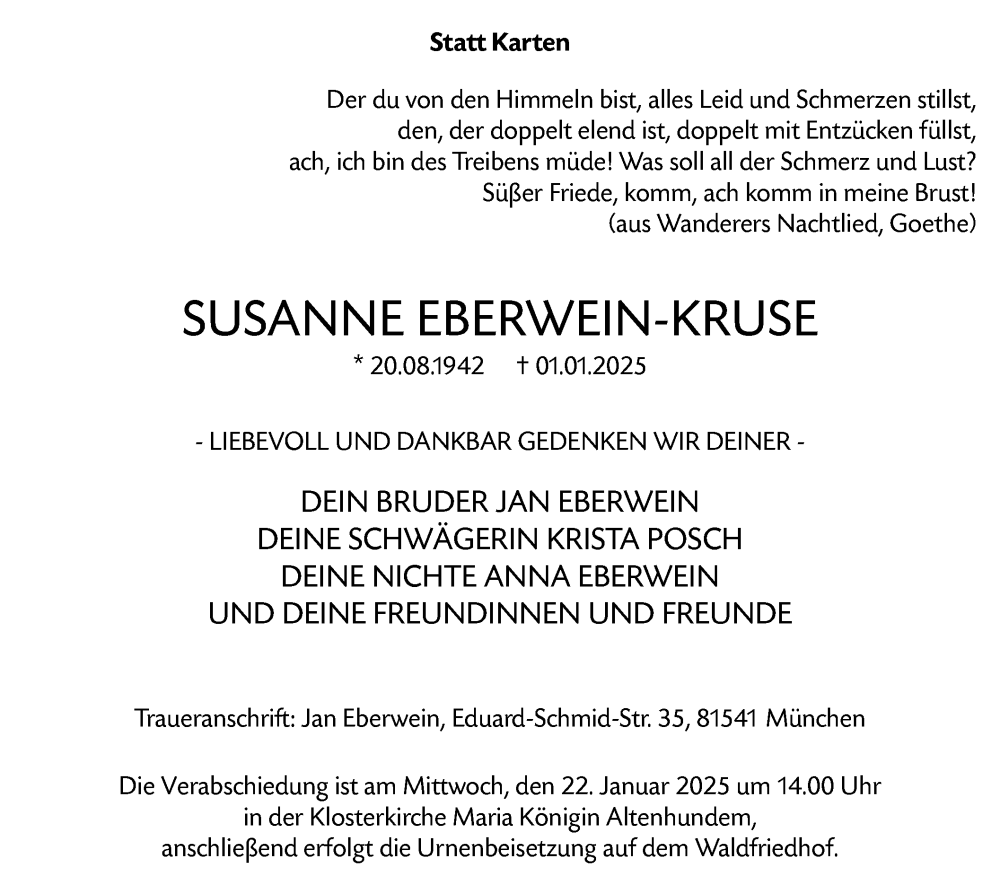  Traueranzeige für Susanne Eberwein-Kruse vom 11.01.2025 aus WA