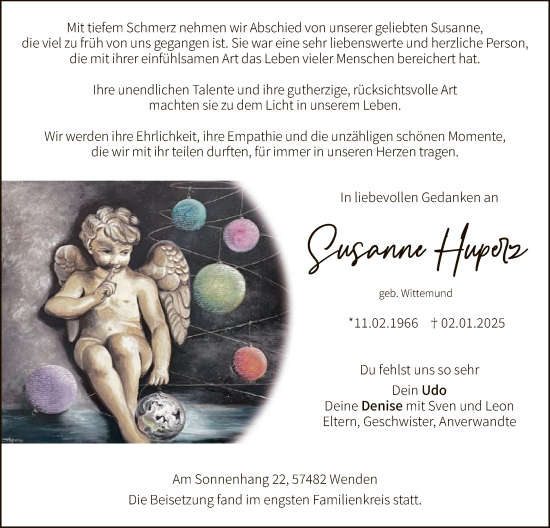 Traueranzeige von Susanne Huperz von WA